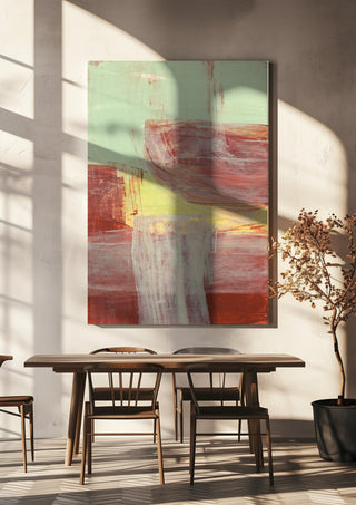 abstract layers and forms 1 by Iris Lehnhardt hanging above a wooden dining table in warm sunlight