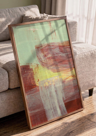 abstract layers and forms 1 by Iris Lehnhardt in a walnut frame leaning against a grey sofa