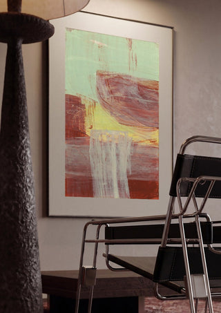 abstract layers and forms 1 by Iris Lehnhardt framed in a dim room beside a tubular steel chair