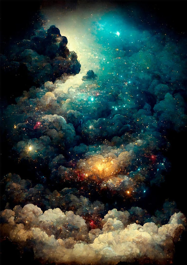 A dreamy cosmic scene with swirling clouds and glowing stars, illustrating Winnie Møller - Universet.