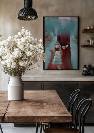 Edge of darkness by Bettinafloorphoto in a black frame above a rustic table with white flowers
