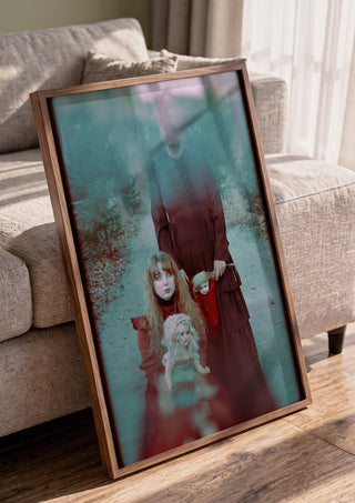 Edge of darkness by Bettinafloorphoto in a walnut frame leaning against a grey sofa