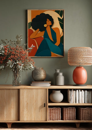 Modern Muse by ArtySjak above a wooden sideboard on a sage green wall