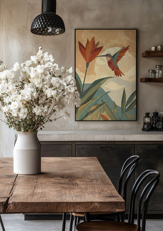 Hummingbird in Motion by ArtySjak in a black frame above a rustic table with white flowers