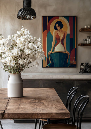 The Last Martini by ArtySjak in a black frame above a rustic table with white flowers