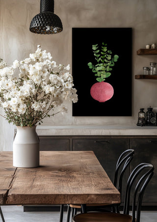 Eucalyptus in pink vase by Creationsbyeditabrus in a black frame above a rustic table with white flowers