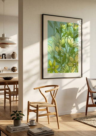 Buttercups in spring by Creationsbyeditabrus in a black frame in a bright dining room with wooden chairs