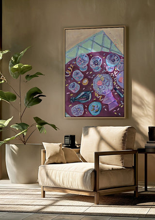 Dagen der på by DNF framed above a beige armchair beside a potted plant