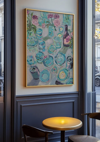 Garden Summer Party by DNF in an oak frame on a panelled café wall