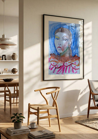Who's the Clown now by DNF in a black frame in a bright dining room with wooden chairs