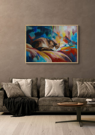 Während wir suchen by ELIZA Leopold in a light oak frame on a warm grey wall above a brown sofa