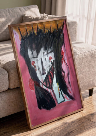 Onschuldig Wezen - Innocent Creature by Mizo in a walnut frame leaning against a grey sofa