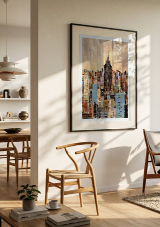 NYC by Art Anne Lee in a black frame in a bright dining room with wooden chairs