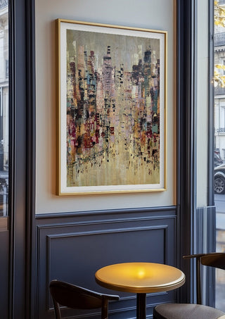 A Thousand windows by Art Anne Lee in an oak frame on a panelled cafe wall