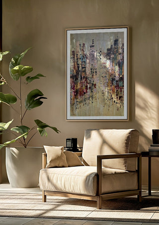 A Thousand windows by Art Anne Lee framed above a beige armchair beside a potted plant