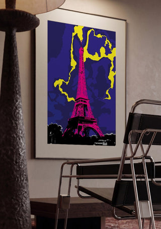 The Tower by Massimo Frascogna framed in a dim room beside a tubular steel chair