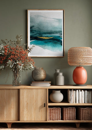 Emerald paradise by Tania Zubareva above a wooden sideboard on a sage green wall