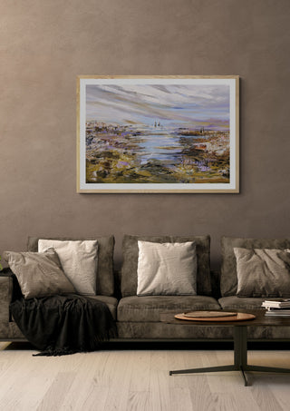 Sailorman by Art Anne Lee in a light oak frame on a warm grey wall above a brown sofa