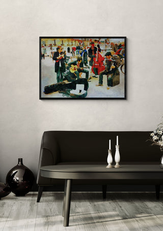 Musicians in Paris by Massimo Frascogna in a black frame on a pale wall above a dark sofa with candlesticks