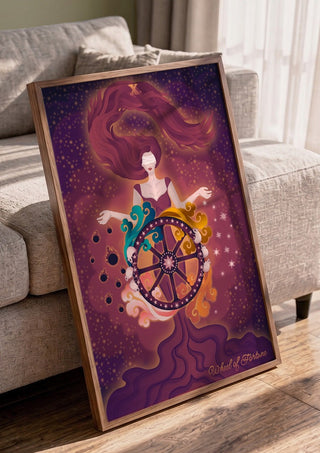 Wheel of Fortune by Sciurus tarotus in a walnut frame leaning against a grey sofa
