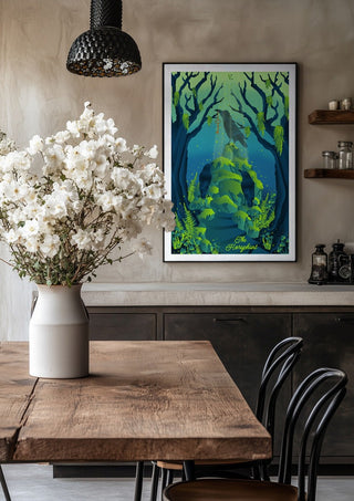 The Hierophant by Sciurus tarotus in a black frame above a rustic table with white flowers