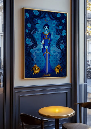 Justice by Sciurus tarotus in an oak frame on a panelled café wall