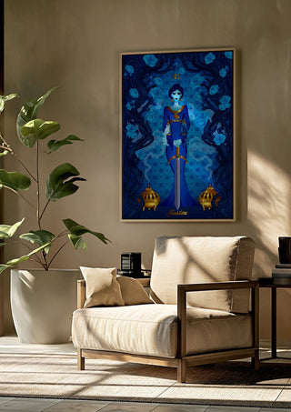 Justice by Sciurus tarotus framed above a beige armchair beside a potted plant