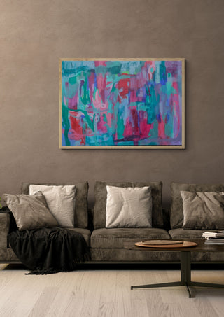 Transitions by Janet Bell in a light oak frame on a warm grey wall above a brown sofa