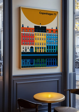 Copenhagen 71 by Bo Lundberg in an oak frame on a panelled café wall