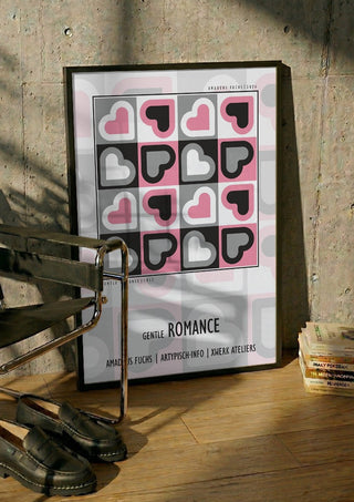 Gentle Romance - Priority Signal by Amadeus Fuchs in a black frame leaning against a concrete wall by a steel chair