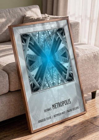 Distance Metropolis - Mirror Signal by Amadeus Fuchs in a walnut frame leaning against a grey sofa