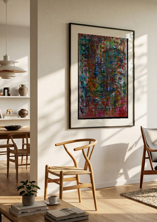 Augenblick by ullimcart in a large black frame in a bright dining room