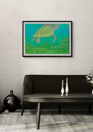 Breathing by Sulaika Martis in a black frame on a pale wall above a dark sofa with candlesticks