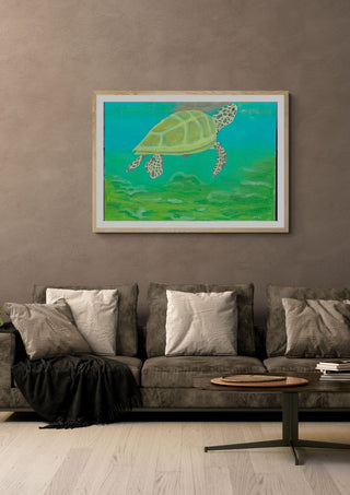 Breathing by Sulaika Martis in a light oak frame on a warm grey wall above a brown sofa