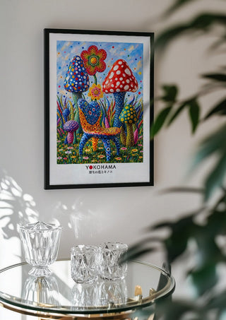 The Dotted Chair by Yokohama in a black frame above a glass table with crystal glassware