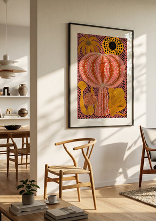 Pink Dotted Pumpkin by Yokohama in a black frame in a bright dining room with wooden chairs