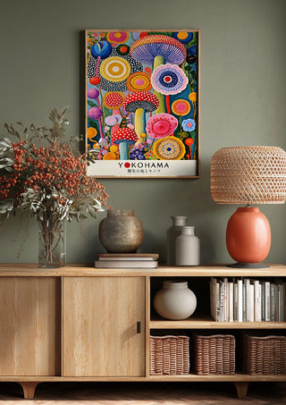 Mushroom and Flower Garden by Yokohama above a wooden sideboard on a sage green wall