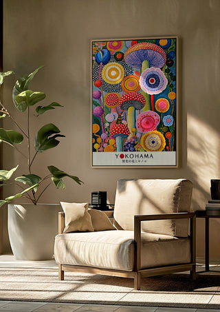 Mushroom and Flower Garden by Yokohama framed above a beige armchair beside a potted plant