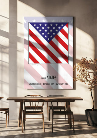 United States - Community Signal by Amadeus Fuchs hanging above a wooden dining table in warm sunlight