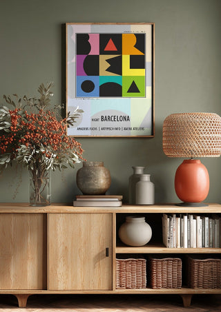Night Barcelona - Term Signal by Amadeus Fuchs above a wooden sideboard on a sage green wall