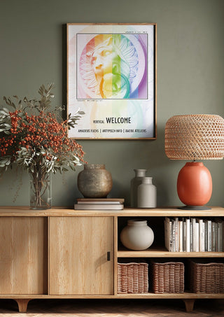Vertical Welcome - Serial Signal by Amadeus Fuchs above a wooden sideboard on a sage green wall