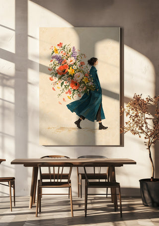 A Garden in Her Pocket by Matthews Gallerie hanging above a wooden dining table in warm sunlight