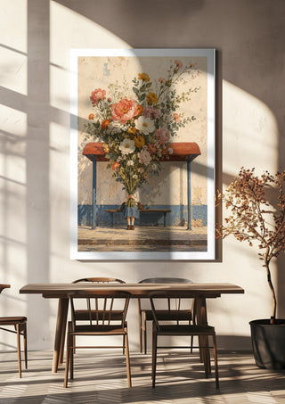 Spring Missed the Bus by Matthews Gallerie hanging above a wooden dining table in warm sunlight
