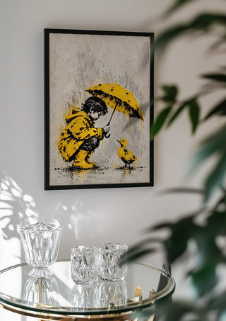 A Little Shelter by Matthews Gallerie in a black frame above a glass table with crystal glassware