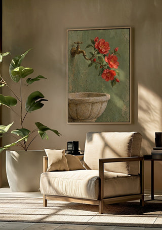 Where Spring Flows by Matthews Gallerie framed above a beige armchair beside a potted plant