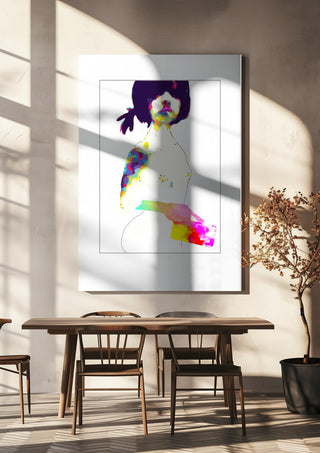 Teenage by Bent Hardervig hanging above a wooden dining table in warm sunlight
