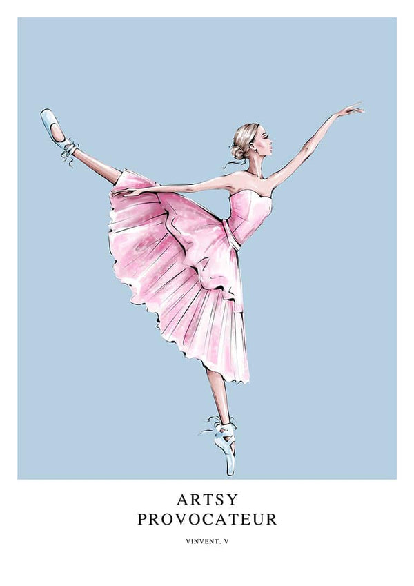 Illustration of a ballerina in a pink dress dancing gracefully; "Dancing Provocateur - Vincent V." product image.