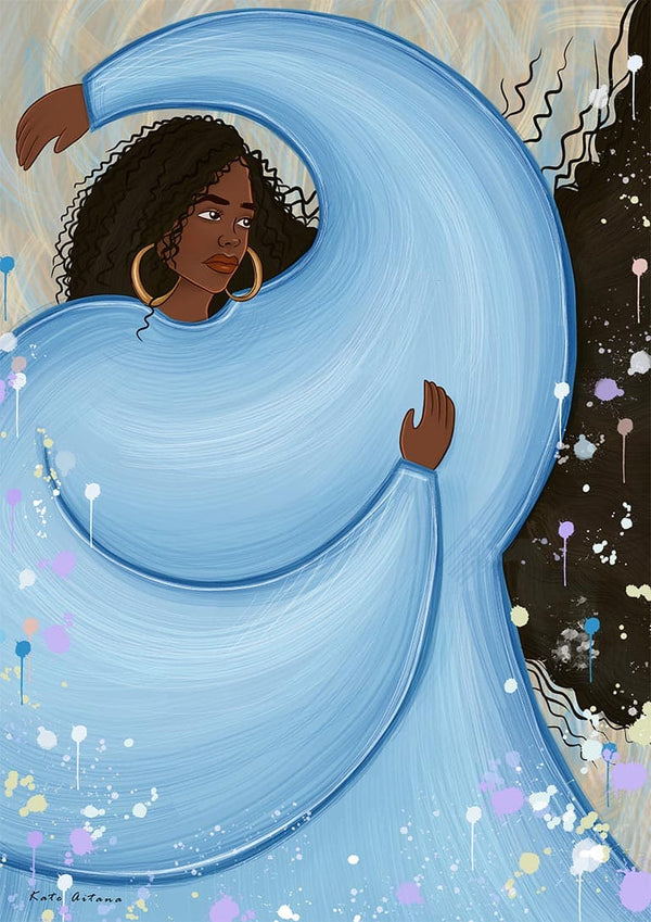 Illustration of a woman with curly hair and hoop earrings, wearing a flowing blue dress, by Kate Aitana.