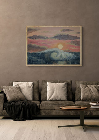 Into the Sun by Zhan Snow in a light oak frame on a warm grey wall above a brown sofa