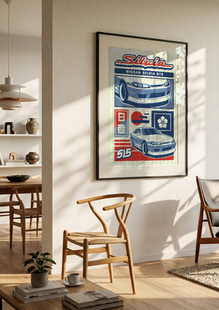 Nissan Silvia S15 by Kaminarirace in a black frame in a bright dining room with wooden chairs